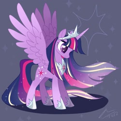 Size: 2000x2000 | Tagged: safe, artist:creeate97, character:twilight sparkle, character:twilight sparkle (alicorn), species:alicorn, species:pony, g4, abstract background, alternate design, clothing, crown, female, gray background, hoof shoes, jewelry, looking sideways, mare, necklace, older, older twilight, peytral, profile, regalia, shoes, signature, simple background, smiling, solo, sparkles, spread wings, tiara, wings