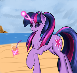 Size: 2520x2380 | Tagged: safe, artist:renarde-louve, character:twilight sparkle, character:twilight sparkle (unicorn), species:pony, species:unicorn, g4, beach, cute, drink, eyebrows, eyebrows visible through hair, female, glass, glasses, glowing horn, horn, looking at you, magic, magic aura, mare, outdoors, pigtails, raised hoof, solo, straw, telekinesis, three quarter view, twiabetes, twintails