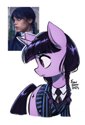 Size: 900x1334 | Tagged: safe, artist:fanzeem, character:twilight sparkle, character:twilight sparkle (unicorn), species:pony, species:unicorn, g4, alternate hairstyle, braid, braided pigtails, clothing, female, mare, necktie, parody, pigtails, ponified, profile, signature, simple background, solo, species swap, suit, wednesday (series), wednesday addams, white background