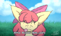 Size: 3500x2100 | Tagged: safe, artist:supasurida, part of a set, character:apple bloom, species:earth pony, species:pony, g4, :3, ^^, adorabloom, apple family member, big ears, blep, bow, cloud, cute, dialogue, eye clipping through hair, eyes closed, female, filly, foal, hair bow, smiling, solo, text, tongue out, young