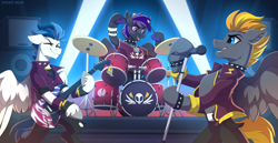 Size: 3840x1988 | Tagged: safe, artist:strafe blitz, oc, oc only, oc:astonish moon, oc:blaze (shadowbolt), oc:whirlwind flux, species:pegasus, species:pony, g4, bipedal, choker, clothing, collar, colored hooves, concert, drums, electric guitar, floppy ears, guitar, hoof hold, hooves, jacket, jewelry, male, microphone, musical instrument, necklace, pegasus oc, profile, singing, spiked choker, spiked collar, spread wings, stage, stallion, three quarter view, trio, unshorn fetlocks, wings