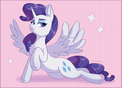 Size: 1804x1299 | Tagged: safe, artist:skysorbett, derpibooru original, character:rarity, species:alicorn, species:pony, g4, alicornified, chest fluff, colored eyebrows, eyebrows, female, lidded eyes, looking at you, mare, princess rarity, race swap, raised hoof, raricorn, smiling, solo, sparkles, spread wings, three quarter view, wings