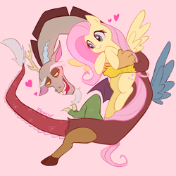 Size: 2000x2000 | Tagged: safe, artist:hexecat, character:discord, character:fluttershy, species:draconequus, species:pegasus, species:pony, ship:discoshy, g4, female, heart, looking at each other, male, mare, pink background, shipping, signature, simple background, spread wings, straight, wings