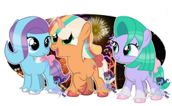 Size: 1134x704 | Tagged: safe, artist:nightlightartz, character:glory (g5), character:peach fizz, character:seashell, species:earth pony, species:pegasus, species:pony, species:unicorn, g4, g5, my little pony: make your mark, my little pony: make your mark chapter 2, spoiler:my little pony: make your mark chapter 2, bow, female, filly, foal, g5 to g4, generation leap, looking at someone, open mouth, open smile, pippsqueak trio, pippsqueaks, smiling, tail, tail bow, trio, trio female, unshorn fetlocks, young