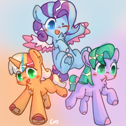 Size: 3543x3543 | Tagged: safe, artist:cro, character:glory (g5), character:peach fizz, character:seashell, species:earth pony, species:pegasus, species:pony, species:unicorn, g5, bow, cute, female, filly, foal, glorydorable, happy, hoof heart, one eye closed, open mouth, peachsweet, pippsqueak trio, pippsqueaks, shellabetes, tail, tail bow, trio, underhoof, young