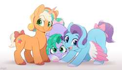 Size: 1200x690 | Tagged: safe, artist:higgly-chan, character:glory (g5), character:peach fizz, character:seashell, species:earth pony, species:pegasus, species:pony, species:unicorn, g5, bow, cute, dawwww, female, filly, foal, glorydorable, hnnng, looking at you, mare, open mouth, open smile, peachsweet, pippsqueak trio, pippsqueaks, shellabetes, smiling, smiling at you, tail, tail bow, trio, trio female, weapons-grade cute, young