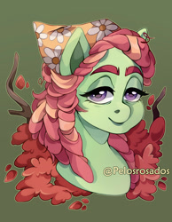 Size: 1280x1652 | Tagged: safe, artist:pelosrosados, character:tree hugger, species:earth pony, species:pony, g4, bust, colored eyebrows, colored pupils, eyebrows, female, green background, head only, lidded eyes, mare, portrait, signature, simple background, smiling, solo, three quarter view