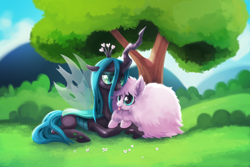 Size: 1500x1000 | Tagged: safe, artist:tsaoshin, character:queen chrysalis, oc, oc:fluffle puff, species:changeling, ship:chrysipuff, g4, :p, blep, blushing, canon x oc, changeling queen, cuddling, cute, cutealis, featured on derpibooru, female, flufflebetes, grass, heart, holding hooves, lesbian, lidded eyes, lying down, ocbetes, outdoors, prone, shipping, smiling, snuggling, tongue out, tree