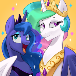 Size: 2500x2500 | Tagged: safe, artist:hexe_cat, character:princess celestia, character:princess luna, species:alicorn, species:pony, g4, bust, crown, female, hug, jewelry, looking at you, mare, necklace, open mouth, open smile, peytral, regalia, signature, simple background, smiling, smiling at you, sparkles, winghug, wings, yellow background