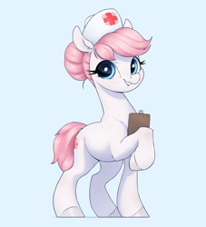 Size: 2800x3080 | Tagged: safe, artist:aquaticvibes, character:nurse redheart, species:earth pony, species:pony, g4, blue background, clipboard, clothing, cutie mark, eyelashes, female, hat, hooves, looking at you, looking sideways at you, mare, nurse hat, one hoof raised, simple background, smiling, solo