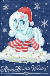 Size: 1764x2688 | Tagged: safe, artist:dandy, oc, oc:snowdrop, species:pegasus, species:pony, candy, candy cane, christmas, christmas card, clothing, cloud, cute, cutie mark, extended trot pose, eyebrows, eyebrows visible through hair, eyelashes, filly, food, hat, hearth's warming, holiday, looking sideways at you, ocbetes, open mouth, santa hat, snow, socks, solo, stockings, striped stockings, tail, thigh highs, traditional art, wings, young
