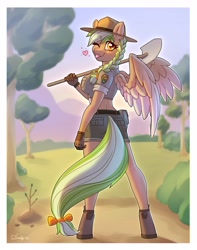 Size: 2540x3228 | Tagged: safe, artist:dandy, oc, oc only, oc:sylvia evergreen, species:anthro, species:pegasus, species:pony, species:unguligrade anthro, belt, blep, boots, bow, braid, breasts, busty oc, butt, clothing, eyebrows, eyebrows visible through hair, female, floating heart, freckles, gloves, hair bow, hat, heart, mare, one eye closed, outdoors, park ranger, shirt, shoes, shorts, shovel, solo, tail bow, tongue out, tree, winking at you