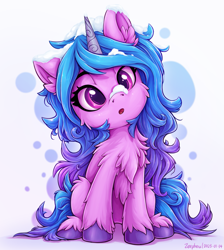 Size: 1567x1749 | Tagged: safe, artist:zeepheru_pone, character:izzy moonbow, species:pony, species:unicorn, g5, abstract background, cheek fluff, chest fluff, colored hooves, cute, ear fluff, female, fluffy, full face view, gradient hair, head tilt, hooves, horn, izzybetes, leg fluff, looking at you, mare, multicolored hair, open mouth, signature, simple background, sitting, snow, snow on nose, solo, unshorn fetlocks