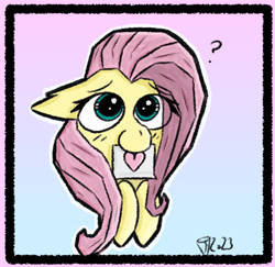 Size: 718x698 | Tagged: safe, artist:scarletdoodle, character:fluttershy, species:pegasus, species:pony, g4, black outlines, bust, eye clipping through hair, female, floppy ears, gradient background, heart, holding, mare, mouth hold, note, pink mane, portrait, question mark, simple background, solo, turquoise eyes, yellow coat