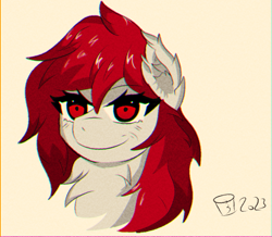 Size: 1048x915 | Tagged: safe, artist:scarletdoodle, part of a set, oc, oc only, oc:scarlet breeze, species:pony, g4, anime, anime style, bust, chest fluff, cute, ear fluff, fluffy, male, ocbetes, portrait, red eyes, red mane, shading, signature, simple background, solo