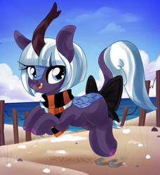 Size: 2260x2479 | Tagged: safe, artist:spookyle, oc, oc:moonlit breeze, species:kirin, g4, beach, bow, clothing, colored hooves, female, hooves, kirin oc, looking at you, non-pony oc, open mouth, outdoors, scarf, signature, solo, tail, tail bow, three quarter view, winter