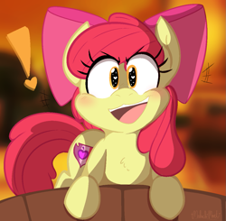 Size: 1111x1088 | Tagged: safe, artist:malachimoet, character:apple bloom, species:earth pony, species:pony, g4, apple family member, blushing, bow, chest fluff, date, female, filly, foal, front view, full face view, hair bow, heart, heart eyes, looking at you, open mouth, signature, smiling, smiling at you, solo, wingding eyes, young