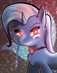 Size: 2157x2750 | Tagged: safe, artist:ermecg, character:trixie, species:pony, species:unicorn, g4, abstract background, cutie mark, cutie mark background, detailed hair, evil, evil grin, female, glowing eyes, grin, jewelry, looking at you, mare, necklace, red eyes, signature, smiling, solo, white pupils