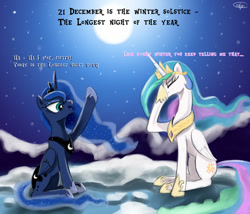 Size: 1280x1098 | Tagged: safe, artist:arkhat, part of a set, character:princess celestia, character:princess luna, species:alicorn, species:pony, g4, clothing, crown, dialogue, eyes closed, facehoof, female, hoof shoes, jewelry, mare, necklace, night, night sky, open mouth, peytral, profile, raised hoof, regalia, shoes, sitting, sky, text, winter solstice