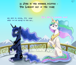 Size: 7000x6000 | Tagged: safe, artist:arkhat, part of a set, character:princess celestia, character:princess luna, species:alicorn, species:pony, g4, clothing, crossed hooves, crown, dialogue, female, hoof shoes, jewelry, luna is not amused, mare, necklace, open mouth, peytral, profile, regalia, shoes, sitting, sky, summer solstice, text