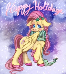 Size: 1342x1507 | Tagged: safe, artist:twiddletwum, character:fluttershy, species:pegasus, species:pony, g4, blushing, christmas, clothing, colored eyebrows, colored hooves, cute, eyebrows, female, floppy ears, happy holidays, holiday, holly, hooves, mare, raised hoof, scarf, shyabetes, snow, snowfall, solo, striped scarf, unshorn fetlocks