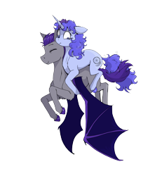 Size: 2494x2704 | Tagged: safe, artist:paskanaakka, derpibooru original, oc, oc only, oc:dartwing, oc:midnight dew, species:bat pony, species:pony, species:unicorn, bat wings, colored hooves, couple, cutie mark, duo, duo male and female, explicit source, eyebrows, eyelashes, eyes closed, female, flying, frown, hooves, horn, looking down, male, mare, nervous, ponies riding ponies, riding, shipping, simple background, stallion, tail, transparent background, unshorn fetlocks, wings