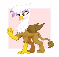 Size: 2785x2700 | Tagged: safe, artist:aquaticvibes, character:gilda, species:griffon, g4, eyebrows, eyelashes, female, folded wings, leonine tail, looking down, one leg raised, simple background, solo, tail, wings