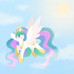Size: 1280x1280 | Tagged: safe, artist:fluffytrashbin, character:princess celestia, species:alicorn, species:pony, g4, clothing, crown, female, flying, hoof shoes, jewelry, looking back, necklace, peytral, regalia, shoes, sky, solo, spread wings, wings