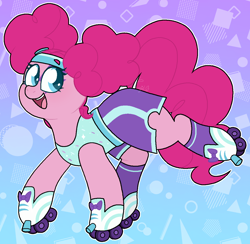 Size: 1206x1179 | Tagged: safe, artist:fluffytrashbin, character:pinkie pie, species:earth pony, species:pony, g4, abstract background, alternate hairstyle, clothing, colored eyebrows, cute, diapinkes, eyebrows, female, gradient background, mare, open mouth, open smile, pinkie puffs, roller skates, smiling, solo