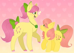 Size: 1724x1234 | Tagged: safe, artist:fluffytrashbin, character:posey, character:posey bloom, species:earth pony, species:pony, g1, g5, bow, colored hooves, colored pupils, cute, duo, duo female, eyebrows, eyebrows visible through hair, female, g1betes, generational ponidox, gradient background, hair bow, heart, heart background, hooves, jewelry, looking at each other, looking at someone, mare, necklace, open mouth, open smile, ponidox, ponytail, poseybetes, profile, raised hoof, size difference, smiling, tail, tail bow, unshorn fetlocks