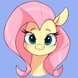 Size: 1500x1500 | Tagged: safe, artist:aquaticvibes, character:fluttershy, species:pegasus, species:pony, g4, blue background, bust, colored eyebrows, eyelashes, female, looking at you, mare, portrait, simple background, smiling, solo