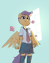 Size: 629x814 | Tagged: safe, artist:haku nichiya, character:scootaloo, species:anthro, species:pegasus, g4, abstract background, clothing, colored, colored sketch, cute, cutealoo, female, necktie, pleated skirt, school uniform, simple background, sketch, skirt, smiling, solo, spread wings, stockings, thigh highs, uniform, wings
