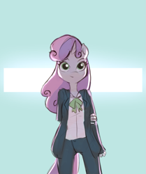 Size: 701x840 | Tagged: safe, artist:haku nichiya, character:sweetie belle, species:anthro, species:unicorn, g4, abstract background, clothing, colored, colored sketch, cute, diasweetes, eyebrows, female, front view, full face view, looking at you, school uniform, simple background, sketch, smiling, solo, suit, uniform