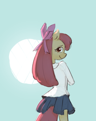 Size: 678x852 | Tagged: safe, artist:haku nichiya, character:apple bloom, species:anthro, species:earth pony, g4, abstract background, adorabloom, apple bloom's bow, apple family member, bow, clothing, colored, colored sketch, cute, female, hair bow, looking at you, looking back, looking back at you, pleated skirt, profile, school uniform, simple background, sketch, skirt, smiling, smiling at you, solo, uniform
