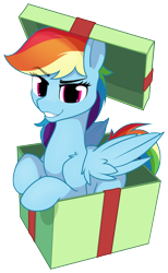 Size: 1529x2487 | Tagged: safe, artist:dacaoo, character:rainbow dash, species:pegasus, species:pony, g4, box, cute, dashabetes, eyebrows, eyebrows visible through hair, female, grin, mare, pony in a box, present, simple background, smiling, solo, transparent background