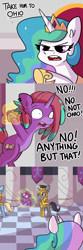 Size: 3000x9000 | Tagged: safe, artist:tjpones, character:princess celestia, oc, oc:piropie, species:alicorn, species:pony, species:unicorn, g4, angry, bondage, comic, commission, cruel and unusual punishment, dialogue, female, high res, magical bondage, male, mare, ohio, pure unfiltered evil, royal guard, squatpony, stallion, suspended, the kentucky fried movie, tooth gap, tyrant celestia, unamused, you're going to ohio