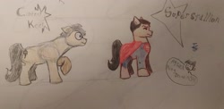 Size: 3390x1652 | Tagged: safe, artist:smacktabular, oc, oc only, oc:content keep (alter ego), oc:superstallion, species:earth pony, species:pony, alter ego, bodysuit, cape, clothing, comic style, crossover, dc comics, glasses, superhero, text, traditional art