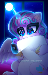Size: 1287x2000 | Tagged: safe, artist:taiweiart, character:princess flurry heart, species:alicorn, species:pony, g4, biting, cellphone, clothing, cute, female, flurrybetes, glowing horn, heart, heart eyes, hoof shoes, horn, levitation, magic, magic aura, mare, night, older, older flurry heart, phone, pillow, pillow biting, shoes, smartphone, solo, telekinesis, wingding eyes