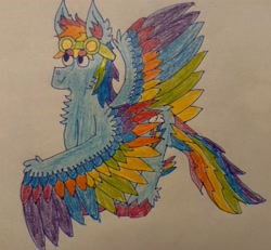 Size: 3301x3048 | Tagged: safe, artist:bringina, character:rainbow dash, species:pegasus, species:pony, g4, chest fluff, chin fluff, colored wings, ear fluff, fluffy, goggles, multicolored wings, traditional art, unshorn fetlocks, wings