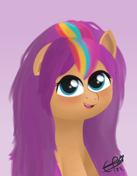 Size: 1550x2000 | Tagged: safe, artist:cobaltskies002, character:sunny starscout, species:earth pony, species:pony, g5, my little pony: tell your tale, blushing, bust, cute, female, floppy ears, gradient background, looking at you, loose hair, mare, multicolored hair, one ear down, open mouth, open smile, pink background, signature, simple background, smiling, smiling at you, solo