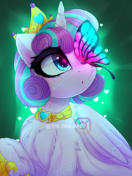 Size: 1500x2000 | Tagged: safe, artist:taiweiart, character:princess flurry heart, species:alicorn, species:pony, g4, butterfly, butterfly on nose, chest fluff, crown, cute, female, filly, flurrybetes, foal, heart, heart eyes, insect, insect on nose, jewelry, looking up, older, older flurry heart, regalia, solo, watermark, wingding eyes, young
