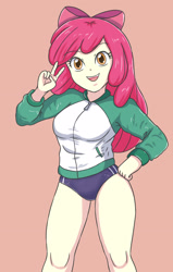 Size: 1881x2952 | Tagged: safe, artist:sumin6301, character:apple bloom, g4, my little pony:equestria girls, apple family member, belly button, breasts, buruma, hand, hand on hip, hips, looking at you, older, older apple bloom, open mouth, orange background, peace sign, simple background, solo, sports panties