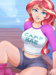 Size: 3600x4800 | Tagged: safe, artist:fawness, character:sunset shimmer, species:human, g4, my little pony:equestria girls, absurd resolution, big breasts, breasts, busty sunset shimmer, camp everfree, camp everfree outfits, clothing, female, human coloration, light skin, looking at you, midriff, shirt, short shirt, shorts, socks, solo, thighs
