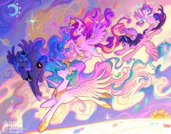 Size: 2048x1602 | Tagged: safe, artist:千雲九枭, character:princess cadance, character:princess celestia, character:princess flurry heart, character:princess luna, character:twilight sparkle, character:twilight sparkle (alicorn), species:alicorn, species:pony, g4, :p, alicorn pentarchy, alicorn tetrarchy, aunt and niece, blep, chest fluff, clothing, crown, curved horn, daughter, eyes closed, female, filly, flying, foal, happy, heart, hoof shoes, horn, jewelry, mare, moon, mother, mother and child, mother and daughter, new crown, parent and child, regalia, shoes, siblings, sisters, slim, smiling, spread wings, stars, sun, thin, tiara, tongue out, wings, young