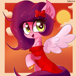 Size: 2048x2048 | Tagged: safe, artist:thebigstuff89, character:pipp petals, species:pegasus, species:pony, g5, bow, clothing, cloud, coat markings, colored hooves, dress, female, heart eyes, hooves, looking at you, mare, open mouth, open smile, pipp wings, raised hoof, signature, smiling, smiling at you, socks (coat marking), solo, spread wings, sun, three quarter view, unshorn fetlocks, wingding eyes, wings