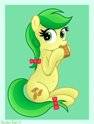 Size: 2955x3876 | Tagged: safe, artist:rainbowšpekgs, character:apple fritter, species:earth pony, species:pony, g4, apple family member, apple fritter (food), belly button, bow, chubby, cutie mark, eating, eyelashes, female, green background, hair bow, looking sideways, mare, simple background, sitting, solo, tail, tail bow