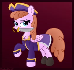 Size: 3150x2956 | Tagged: safe, artist:rainbowšpekgs, character:jetstream, species:pegasus, species:pony, g4, chest fluff, clothing, cute, cutlass, explicit source, eyebrows, eyelashes, female, folded wings, gradient background, hat, holding, hoof shoes, hooves, looking at you, mare, mouth hold, one hoof raised, pirate, pirate hat, red background, shoes, simple background, solo, tail, wings