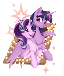 Size: 2000x2362 | Tagged: safe, artist:sparkling_light, character:starlight glimmer, character:twilight sparkle, character:twilight sparkle (alicorn), species:alicorn, species:pony, species:unicorn, g4, christmas, christmas lights, cute, duo, glimmerbetes, height difference, high res, holiday, hooves, hug, lights, looking at each other, looking at someone, open mouth, open smile, simple background, smiling, smiling at each other, twiabetes, white background, window, winghug, wings