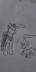 Size: 720x1441 | Tagged: safe, artist:smacktabular, oc, oc only, oc:superstallion, unnamed oc, species:earth pony, species:pony, bodysuit, cape, clothing, crossover, dc comics, dialogue, filly, sketch, speech bubble, superhero, text, traditional art, young