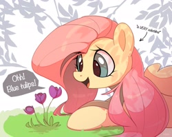 Size: 2715x2162 | Tagged: safe, artist:nookprint, character:fluttershy, species:pegasus, species:pony, g4, colorblind, dialogue, eyelashes, female, flower, mare, open mouth, solo, text